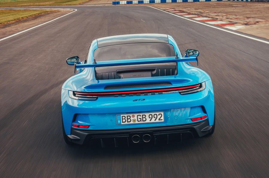 aria-label="18 porsche 911 gt3 2021 uk first drive review track rear"