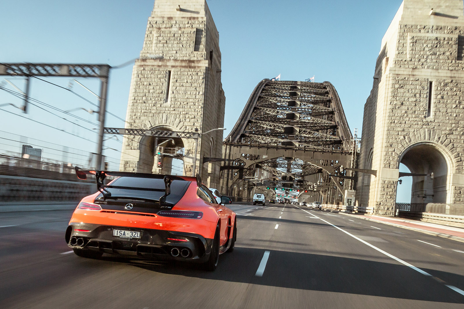 aria-label="2021 Mercedes AMG GT Black Australia sydney bridge"