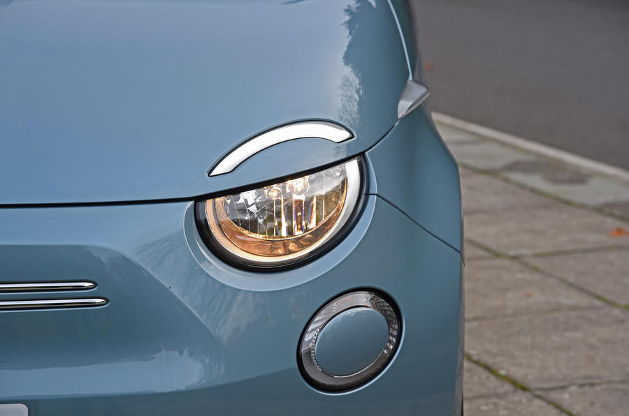 aria-label="3 fiat 500 electric 2022 road test review headlights"