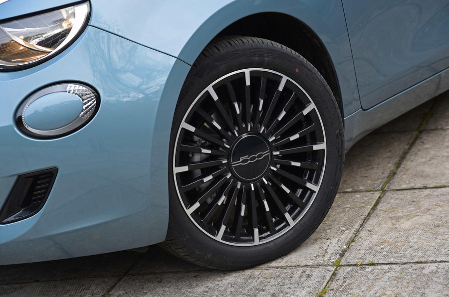 aria-label="5 fiat 500 electric 2022 road test review alloy wheels"
